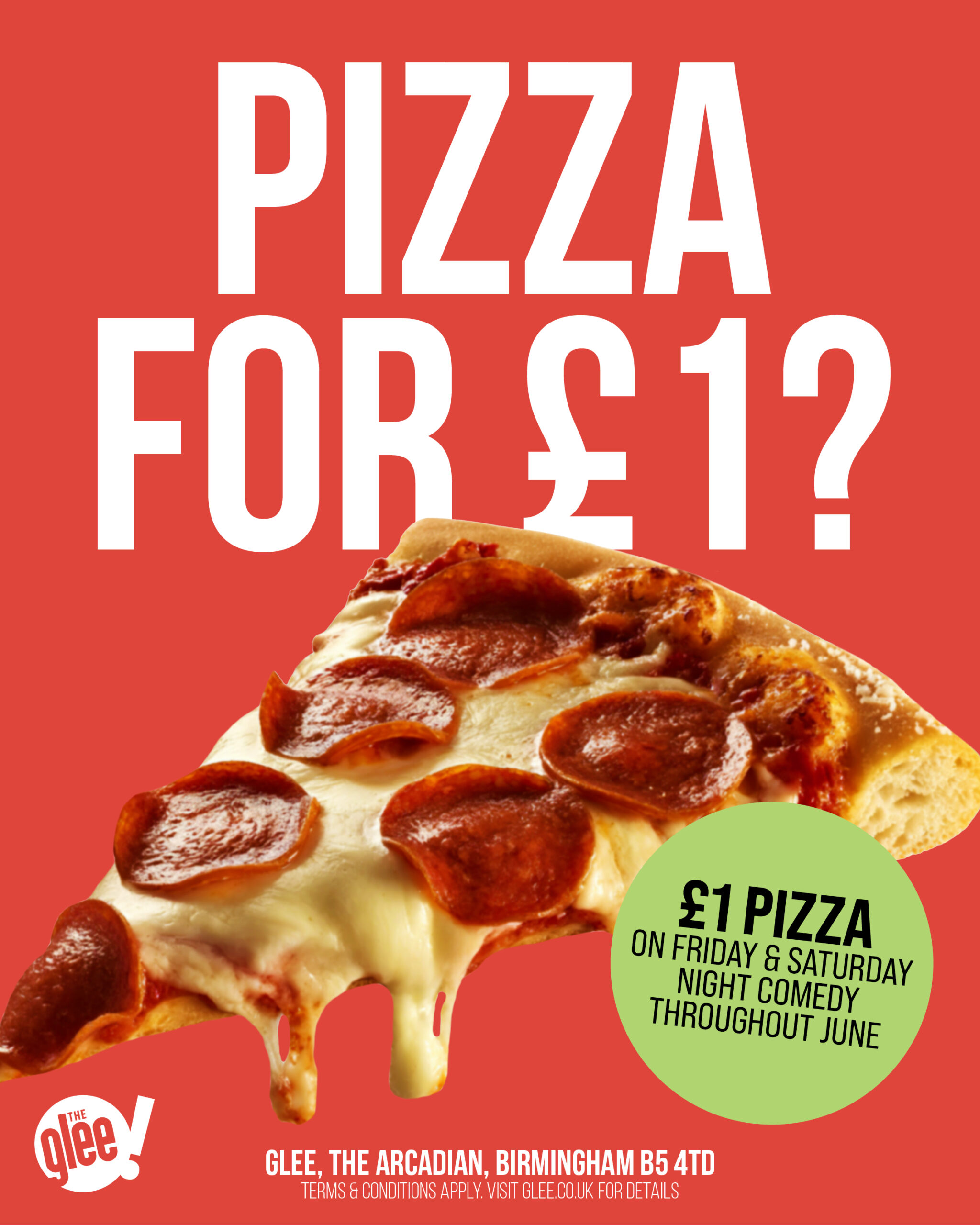 £1 Pizza Throughout June - live comedy at The Glee Club Birmingham